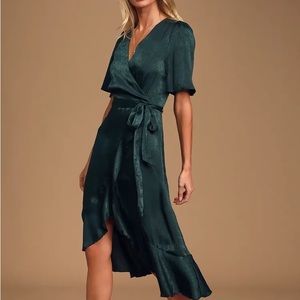 Lulu’s Wrapped Up In Love Dark Green Satin Dress